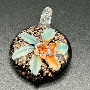 Blue Floral Glass Pendant with Black and Orange Accents